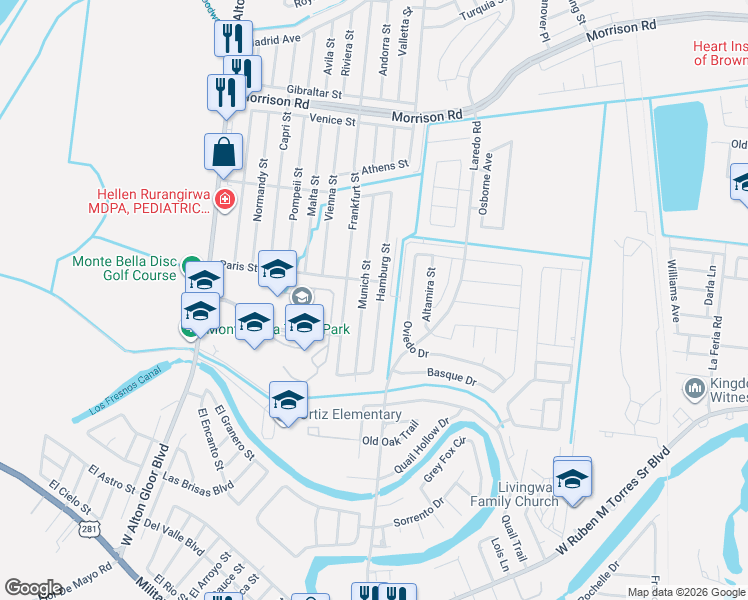 map of restaurants, bars, coffee shops, grocery stores, and more near 2388 Hamburg Street in Brownsville