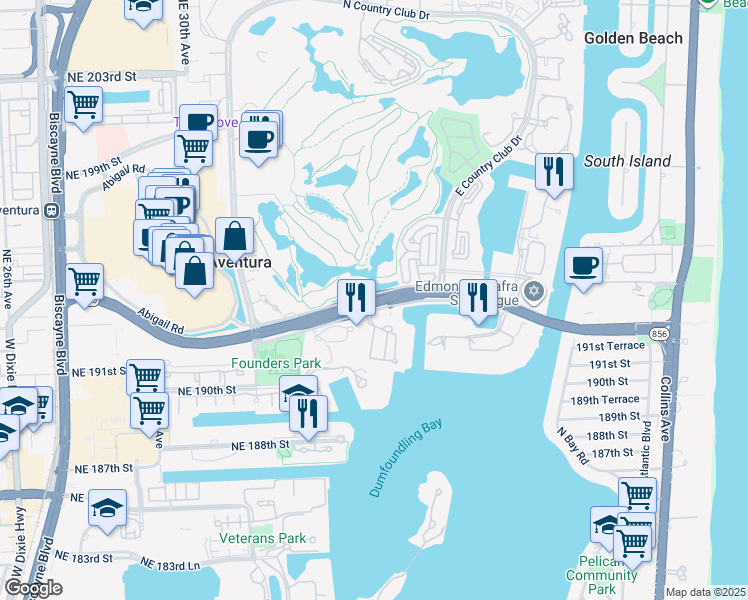 map of restaurants, bars, coffee shops, grocery stores, and more near Florida 856 in Aventura