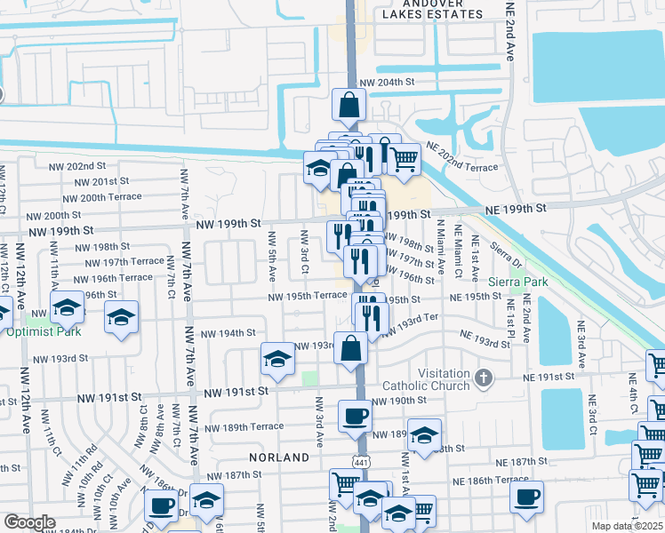 map of restaurants, bars, coffee shops, grocery stores, and more near 221 Northwest 196th Street in Miami Gardens