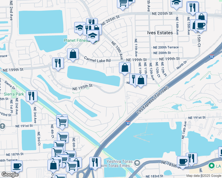 map of restaurants, bars, coffee shops, grocery stores, and more near 875 Northeast 195th Street in North Miami Beach