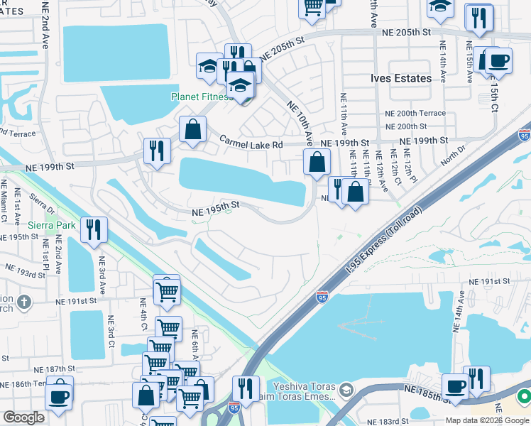 map of restaurants, bars, coffee shops, grocery stores, and more near 750 Northeast 195th Street in North Miami Beach