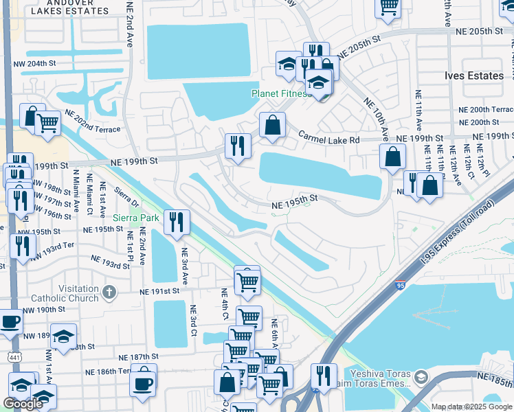 map of restaurants, bars, coffee shops, grocery stores, and more near 658 Northeast 195th Street in Miami