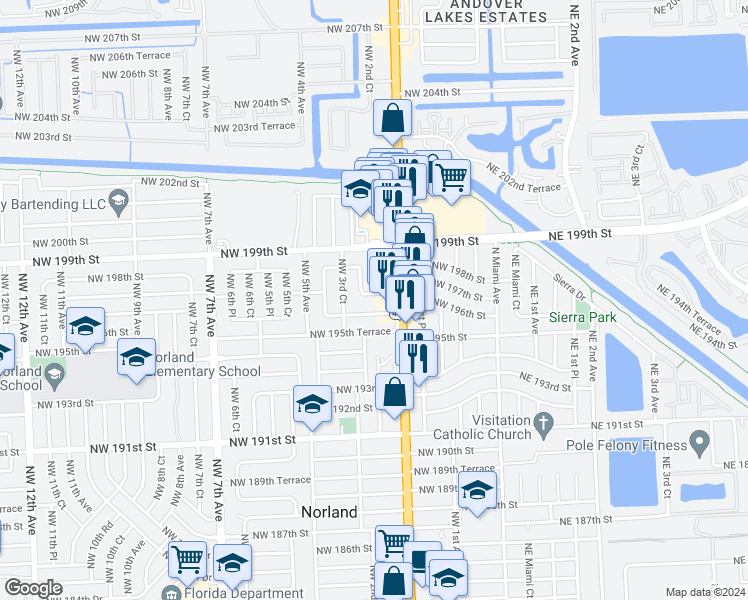 map of restaurants, bars, coffee shops, grocery stores, and more near 221 Northwest 196th Street in Miami Gardens