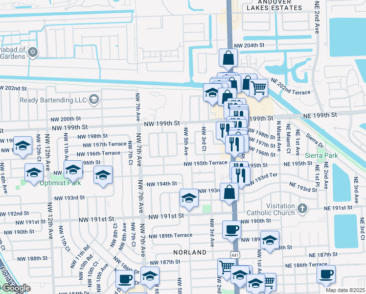 map of restaurants, bars, coffee shops, grocery stores, and more near 19605 Northwest 5th Avenue in Miami