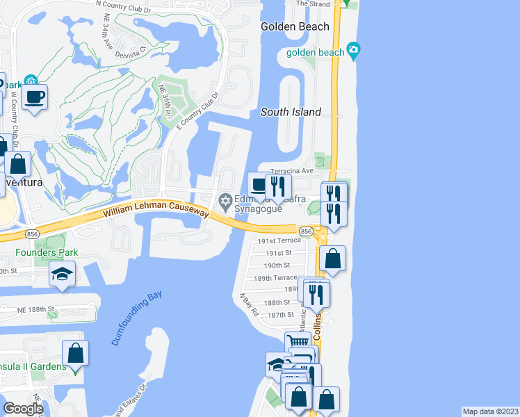 map of restaurants, bars, coffee shops, grocery stores, and more near 19390 Collins Avenue in Sunny Isles Beach
