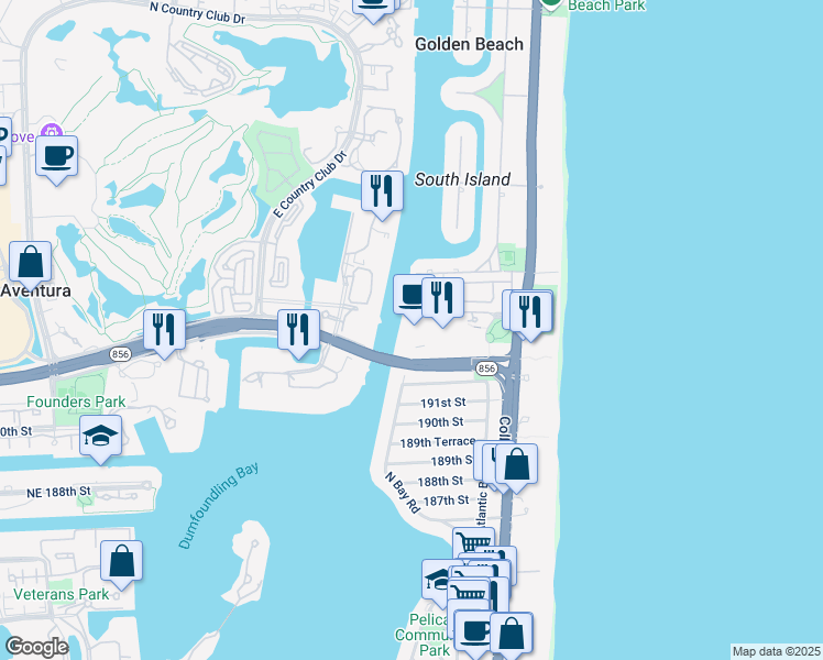 map of restaurants, bars, coffee shops, grocery stores, and more near 19390 Collins Avenue in Sunny Isles Beach