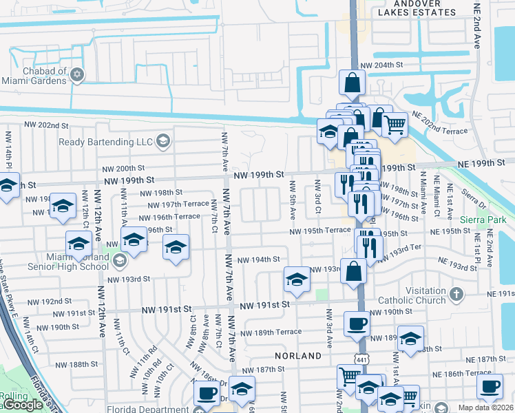 map of restaurants, bars, coffee shops, grocery stores, and more near 19600 Northwest 6th Court in Miami