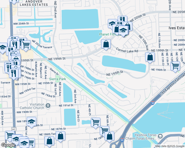 map of restaurants, bars, coffee shops, grocery stores, and more near 606 Northeast 195th Street in Miami