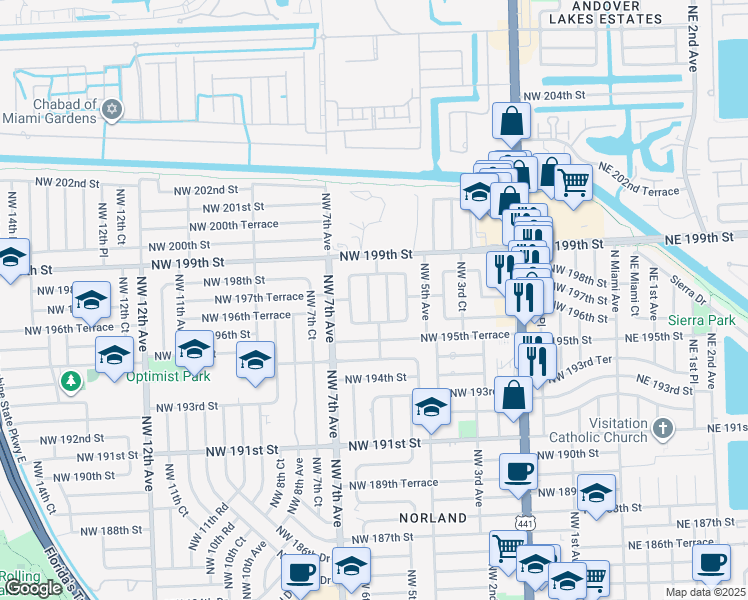 map of restaurants, bars, coffee shops, grocery stores, and more near 19600 Northwest 6th Court in Miami