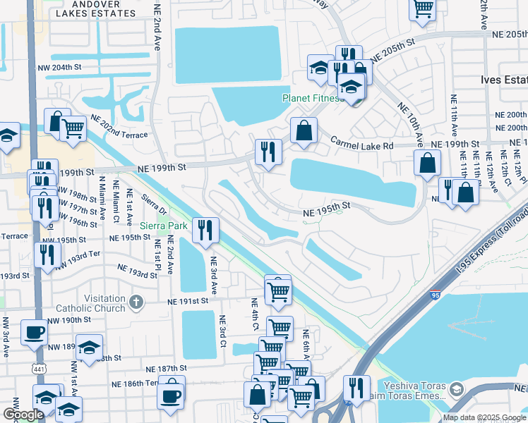 map of restaurants, bars, coffee shops, grocery stores, and more near 606 Northeast 195th Street in Miami