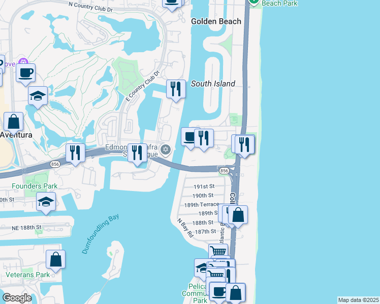 map of restaurants, bars, coffee shops, grocery stores, and more near 19390 Collins Avenue in Sunny Isles Beach