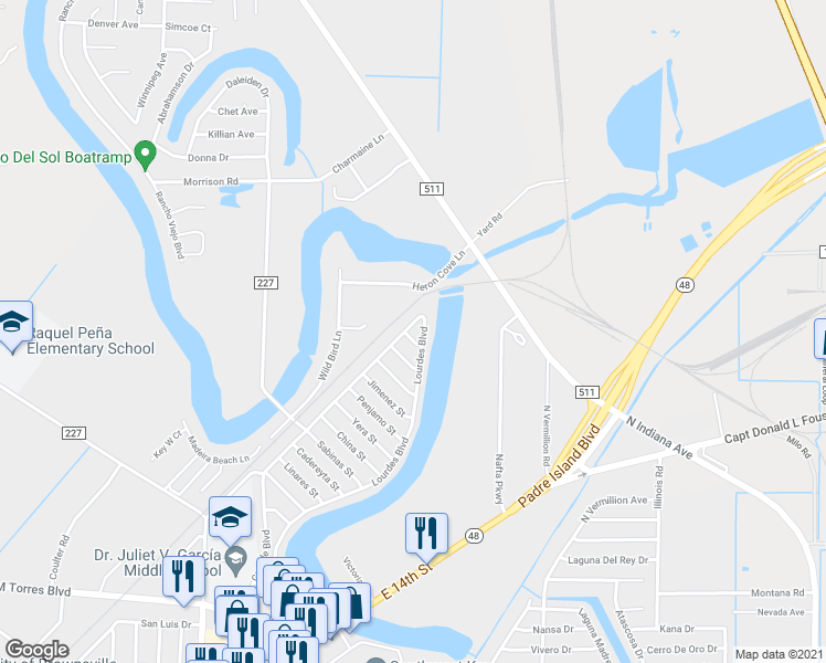 map of restaurants, bars, coffee shops, grocery stores, and more near 6704 Uzman Street in Brownsville