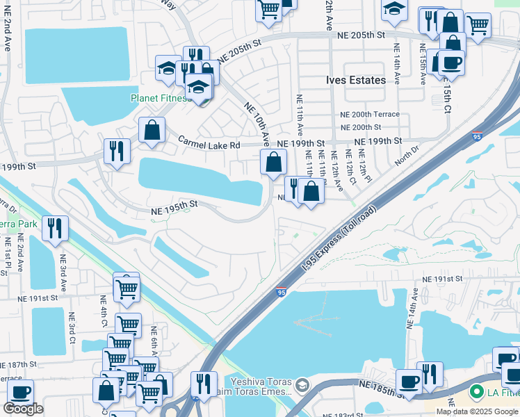 map of restaurants, bars, coffee shops, grocery stores, and more near 900 Northeast 195th Street in Miami