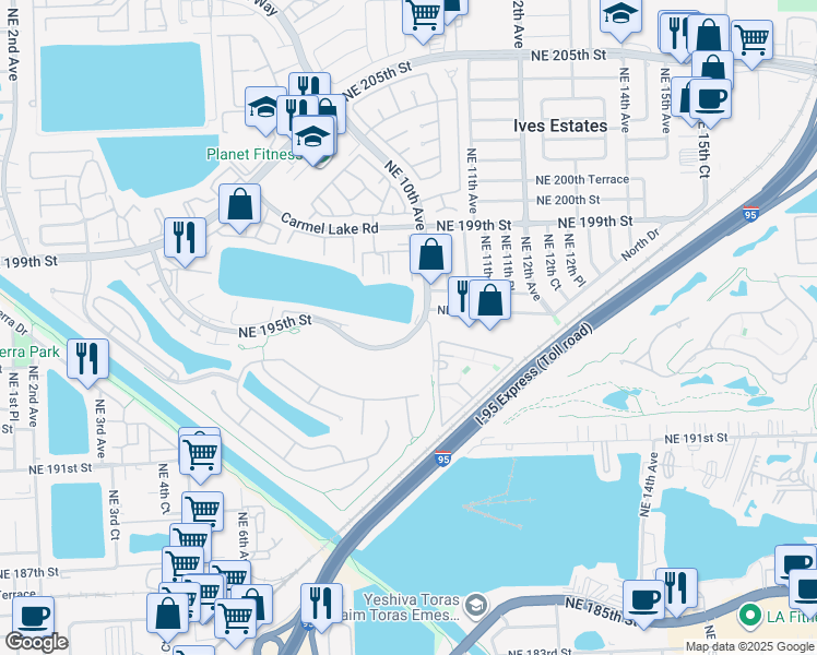 map of restaurants, bars, coffee shops, grocery stores, and more near 900 Northeast 195th Street in Miami