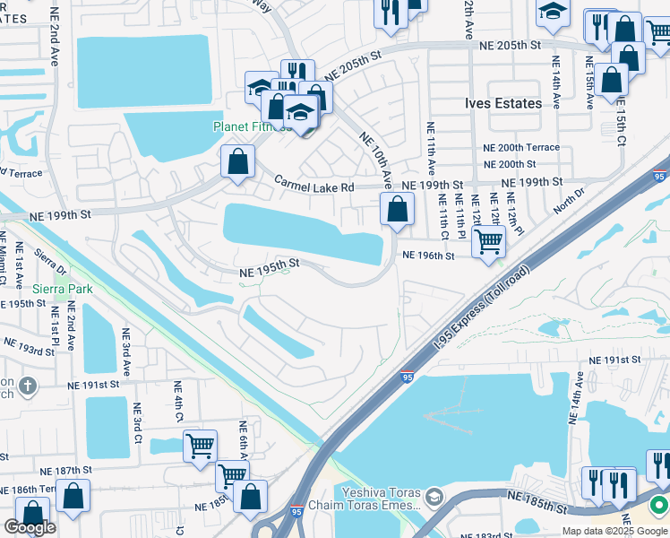 map of restaurants, bars, coffee shops, grocery stores, and more near 750 Northeast 195th Street in North Miami Beach