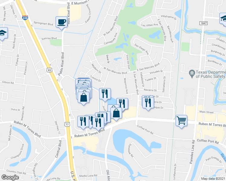 map of restaurants, bars, coffee shops, grocery stores, and more near 600 Jose Marti Boulevard in Brownsville