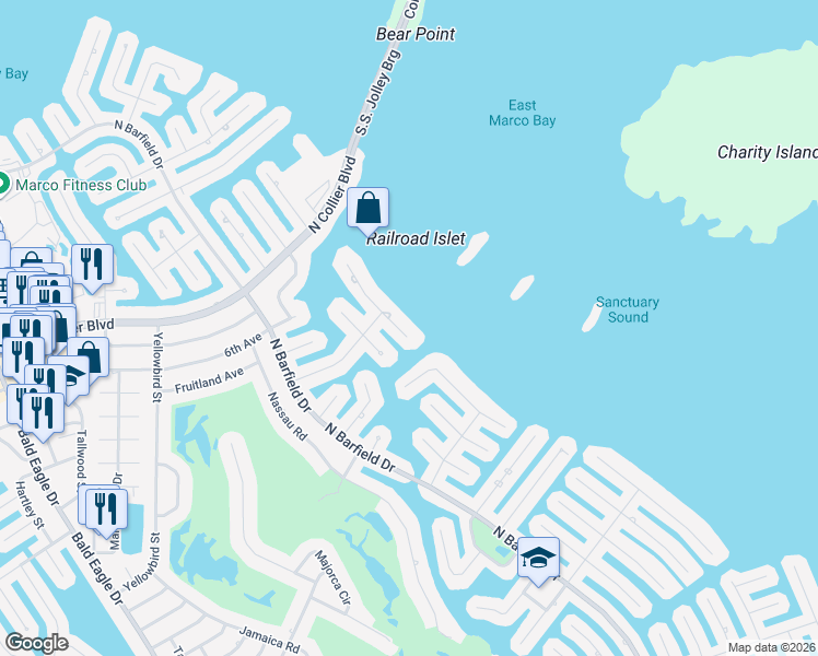 map of restaurants, bars, coffee shops, grocery stores, and more near 1471 Butterfield Court in Marco Island