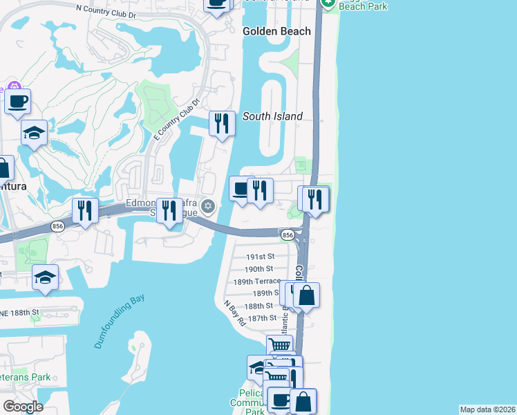 map of restaurants, bars, coffee shops, grocery stores, and more near 19423 38th Court in Golden Beach