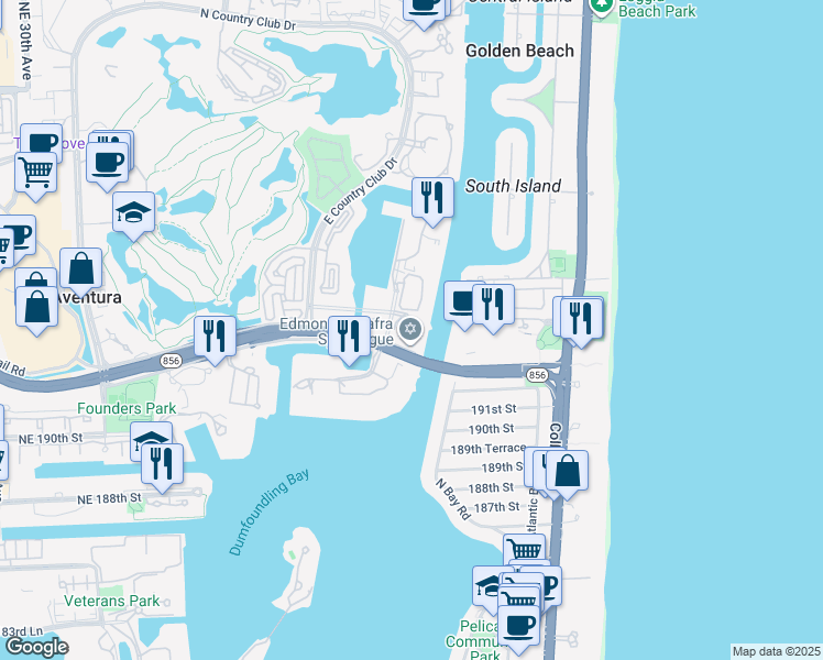 map of restaurants, bars, coffee shops, grocery stores, and more near 3685 Northeast 195th Terrace in Aventura