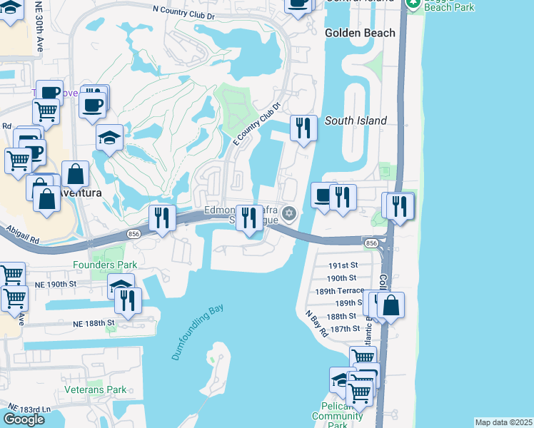 map of restaurants, bars, coffee shops, grocery stores, and more near 3534 Yacht Club Way in Aventura