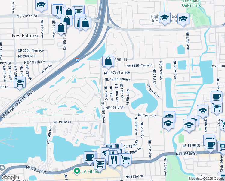 map of restaurants, bars, coffee shops, grocery stores, and more near 19600 Northeast 18th Place in North Miami Beach