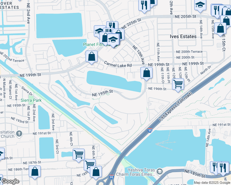 map of restaurants, bars, coffee shops, grocery stores, and more near 771 Northeast 195th Street in Miami