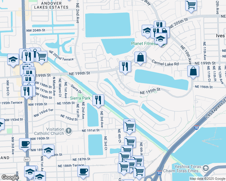 map of restaurants, bars, coffee shops, grocery stores, and more near 426 Northeast 195th Street in Miami