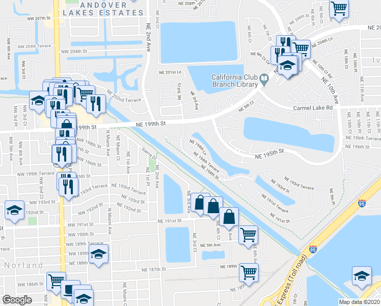 map of restaurants, bars, coffee shops, grocery stores, and more near 344 Northeast 194th Lane in Miami