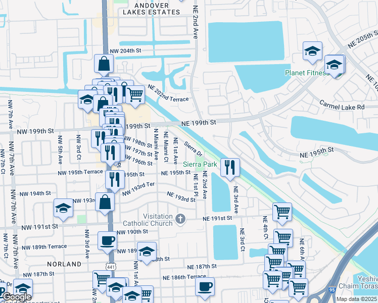 map of restaurants, bars, coffee shops, grocery stores, and more near 145 Sierra Drive in Miami