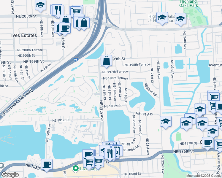 map of restaurants, bars, coffee shops, grocery stores, and more near 19600 Northeast 18th Place in North Miami Beach