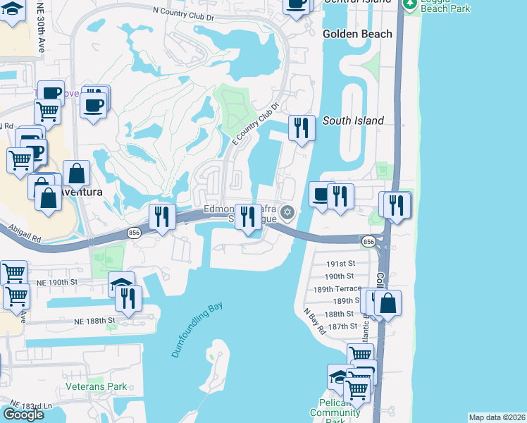 map of restaurants, bars, coffee shops, grocery stores, and more near 19400 Turnberry Way in Aventura