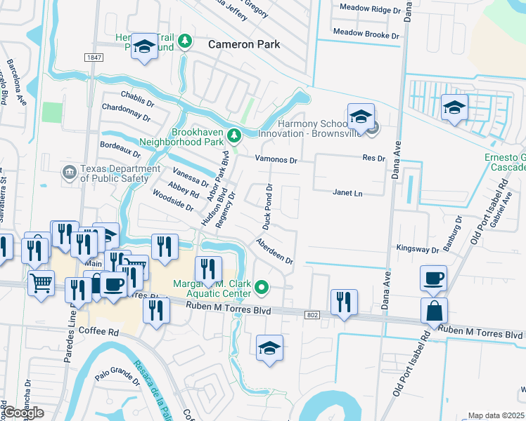 map of restaurants, bars, coffee shops, grocery stores, and more near 3024 Duck Pond Drive in Brownsville