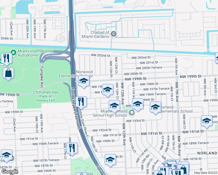 map of restaurants, bars, coffee shops, grocery stores, and more near 1310 Northwest 198th Street in Miami