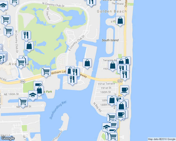 map of restaurants, bars, coffee shops, grocery stores, and more near 3685 Northeast 195th Terrace in Aventura