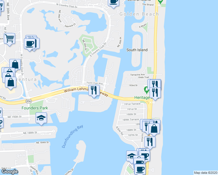 map of restaurants, bars, coffee shops, grocery stores, and more near 3685 Northeast 195th Terrace in Aventura