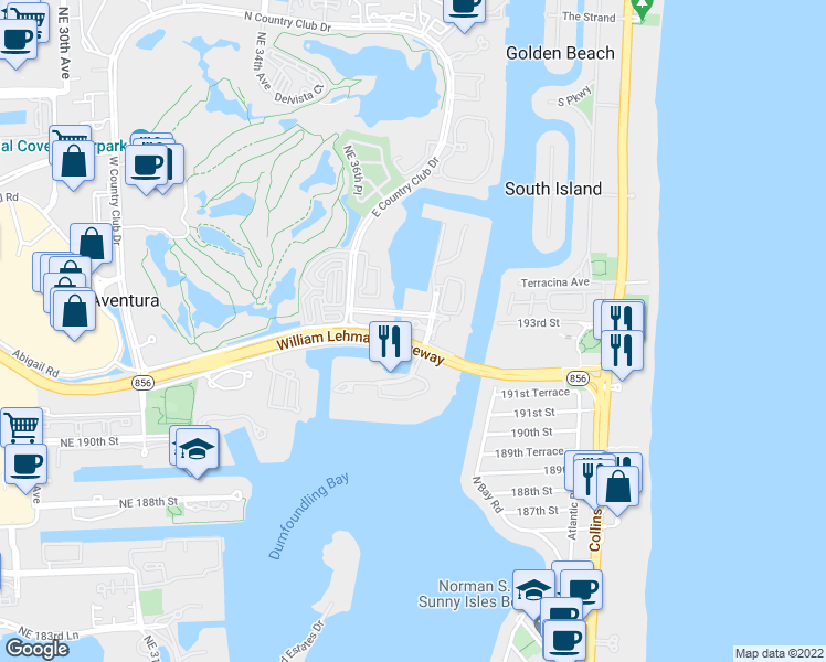 map of restaurants, bars, coffee shops, grocery stores, and more near 3534 Yacht Club Way in Aventura