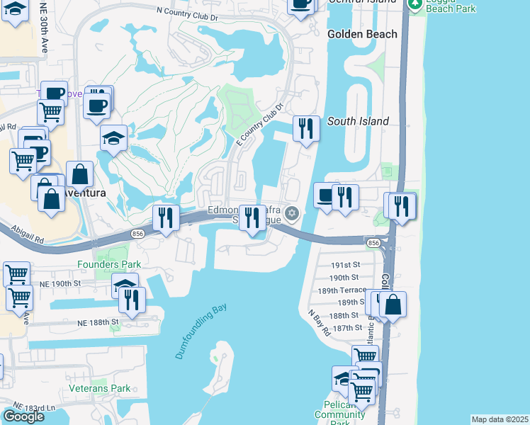 map of restaurants, bars, coffee shops, grocery stores, and more near 3534 Yacht Club Way in Aventura
