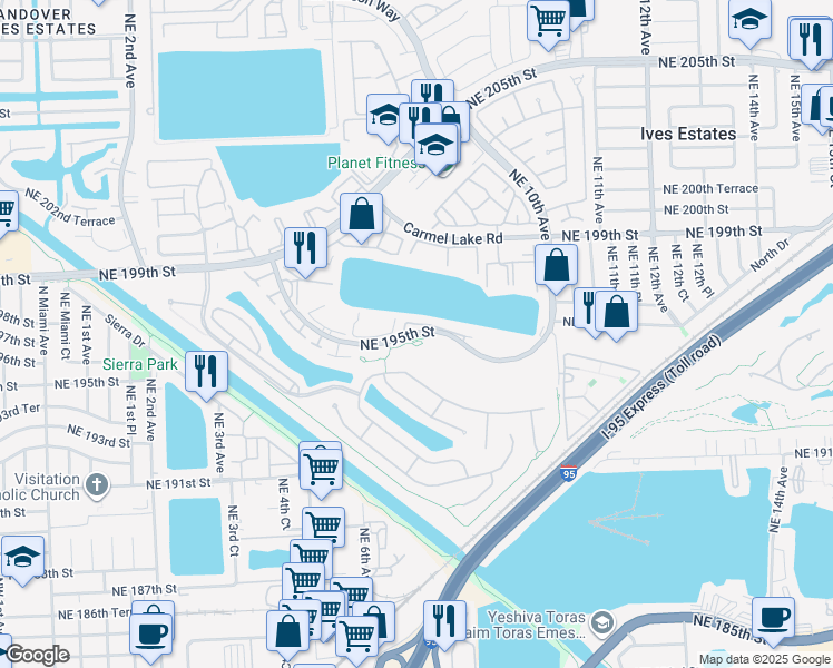 map of restaurants, bars, coffee shops, grocery stores, and more near 735 Northeast 195th Street in North Miami Beach