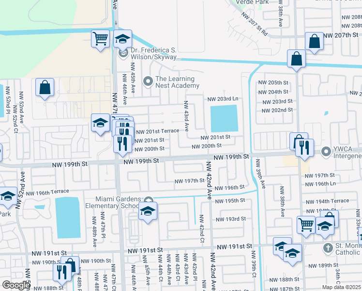 map of restaurants, bars, coffee shops, grocery stores, and more near 20111 Northwest 43rd Court in Miami Gardens