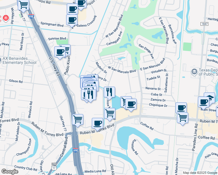 map of restaurants, bars, coffee shops, grocery stores, and more near 14 La Paz Court in Brownsville