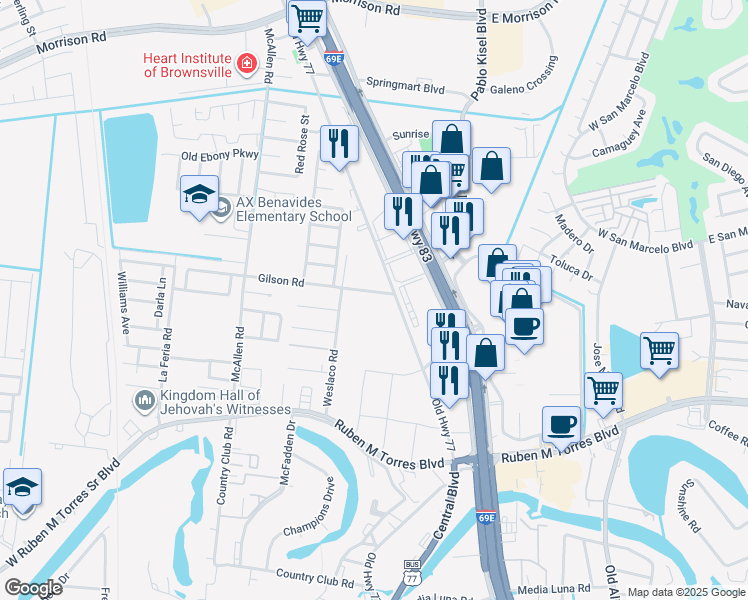 map of restaurants, bars, coffee shops, grocery stores, and more near 448 Gilson Road in Brownsville
