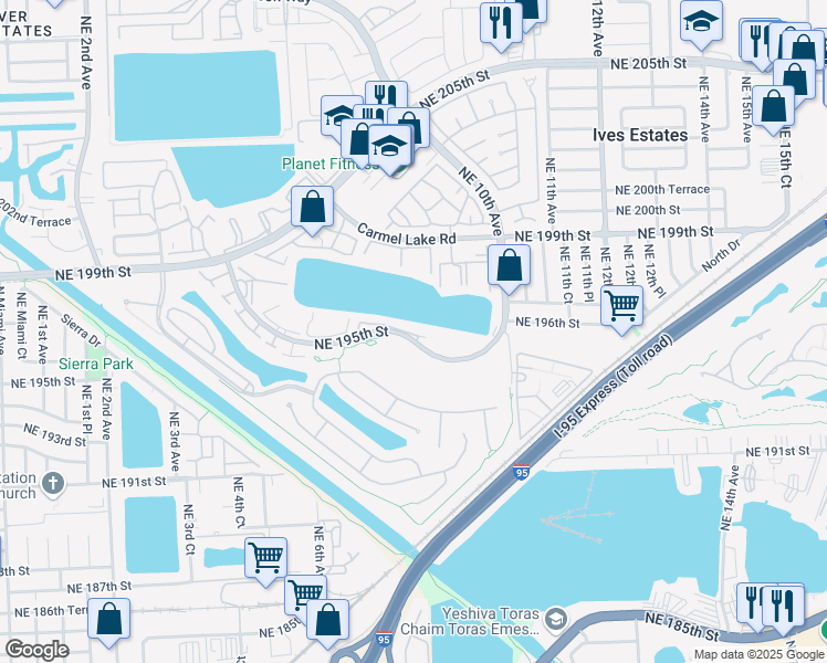 map of restaurants, bars, coffee shops, grocery stores, and more near 771 Northeast 195th Street in Miami