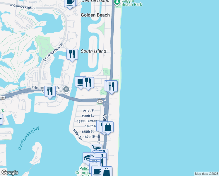 map of restaurants, bars, coffee shops, grocery stores, and more near 19333 Collins Avenue in Sunny Isles Beach