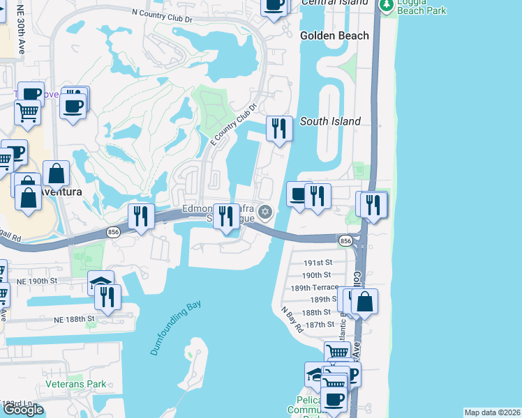 map of restaurants, bars, coffee shops, grocery stores, and more near 3685 Northeast 195th Terrace in Aventura