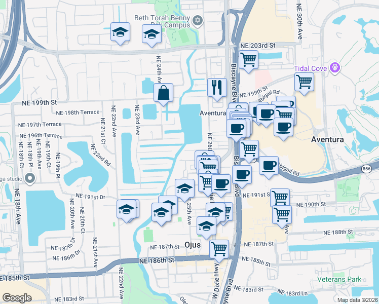 map of restaurants, bars, coffee shops, grocery stores, and more near 2501 Northeast 195th Street in Miami