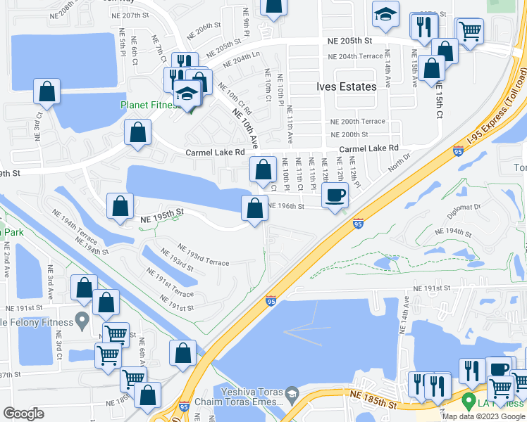 map of restaurants, bars, coffee shops, grocery stores, and more near 19620 Northeast 10th Avenue in North Miami Beach