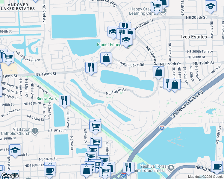 map of restaurants, bars, coffee shops, grocery stores, and more near 671 Northeast 195th Street in Miami