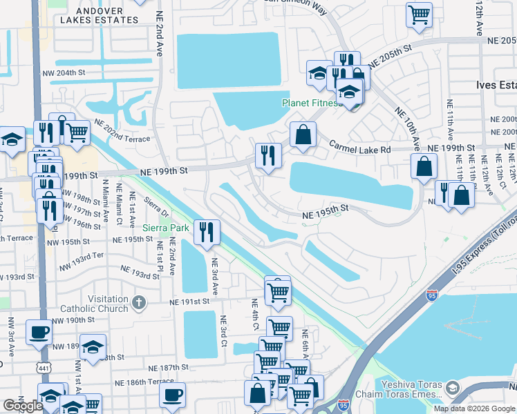 map of restaurants, bars, coffee shops, grocery stores, and more near 520 Northeast 195th Street in Miami