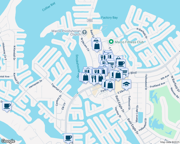 map of restaurants, bars, coffee shops, grocery stores, and more near 710 West Elkcam Circle in Marco Island