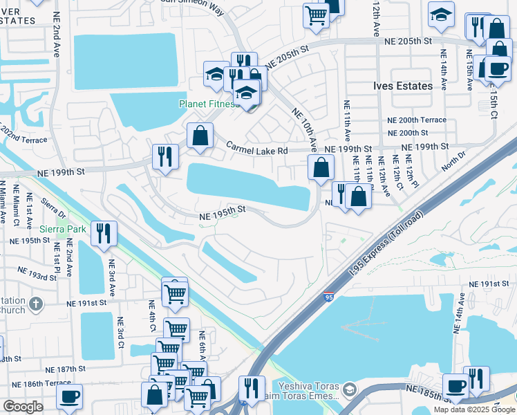 map of restaurants, bars, coffee shops, grocery stores, and more near 767 Northeast 195th Street in North Miami Beach